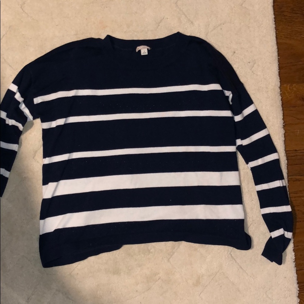 navy blue and white striped sweater